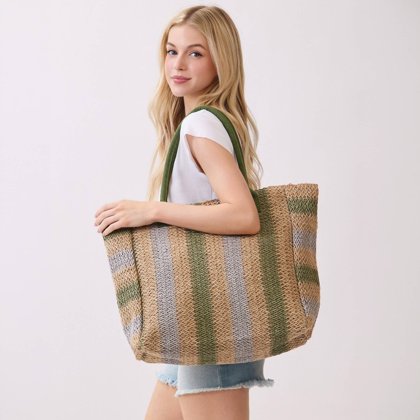 Multi Color Stripe Pattern Natural Brown Straw Tote Bag