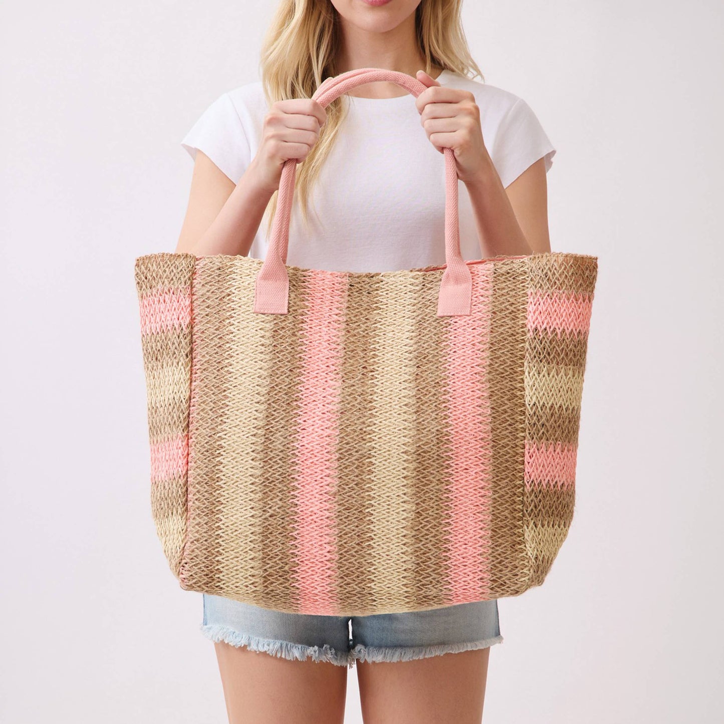 Multi Color Stripe Pattern Natural Brown Straw Tote Bag