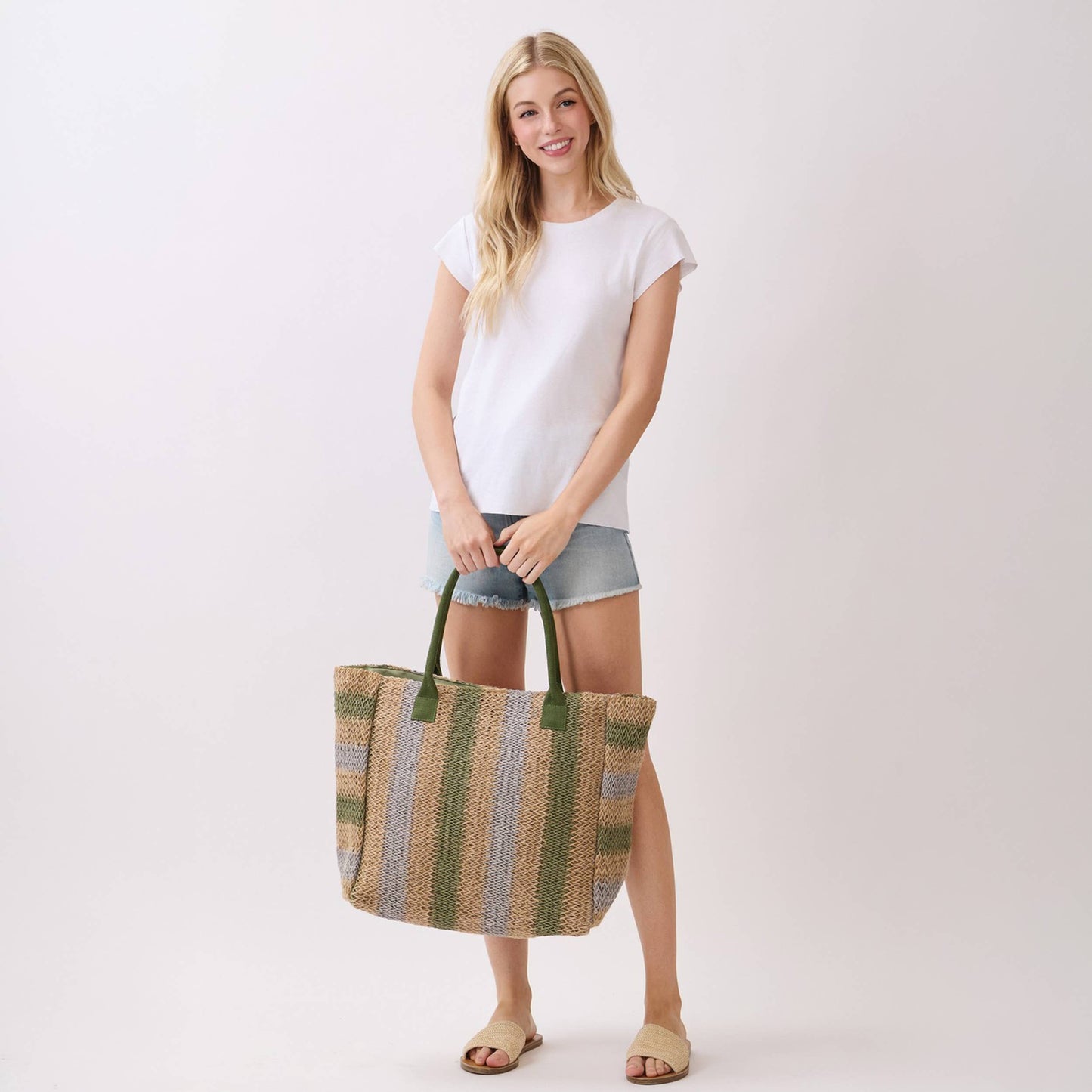 Multi Color Stripe Pattern Natural Brown Straw Tote Bag