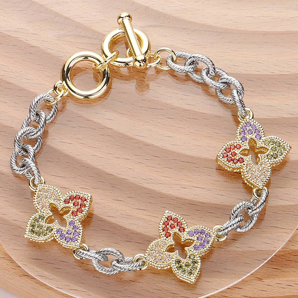 Mixed Metals Pavé Quatrefoil Toggle Bracelet