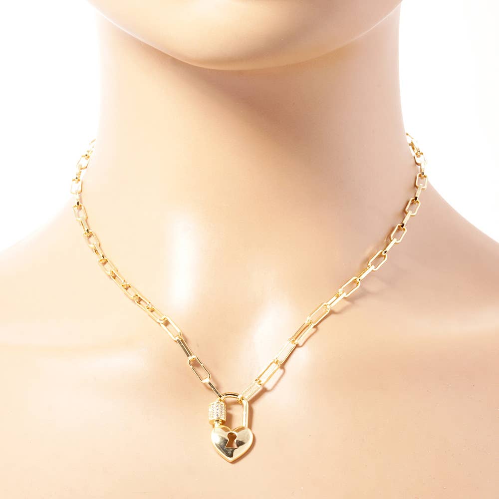 Heart Lock Paperclip Chain Necklace | CZ Paved