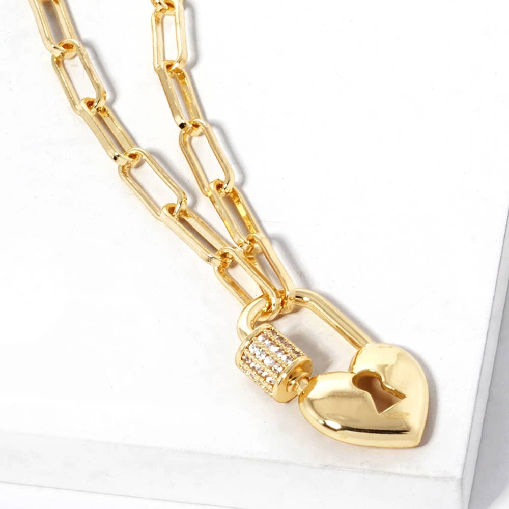 Heart Lock Paperclip Chain Necklace | CZ Paved