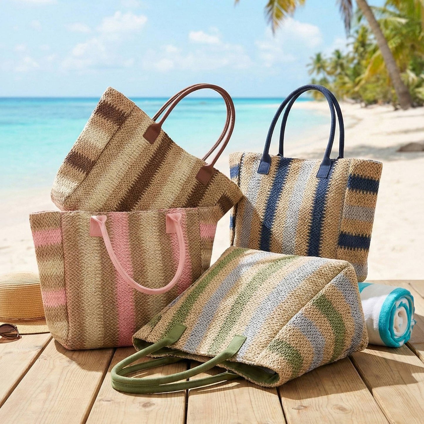 Multi Color Stripe Pattern Natural Brown Straw Tote Bag