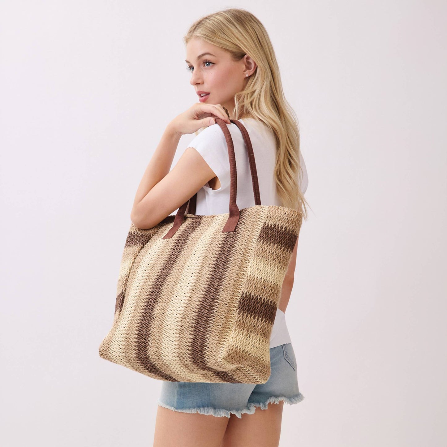 Multi Color Stripe Pattern Natural Brown Straw Tote Bag