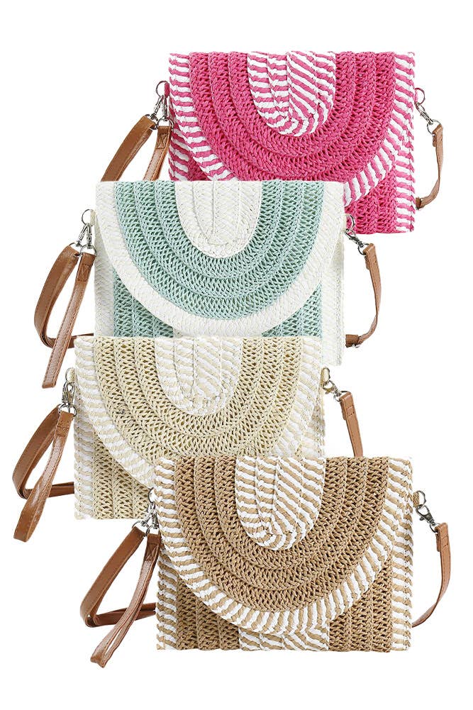 Two Tone and Stripe Pattern Straw Crossbody Bag