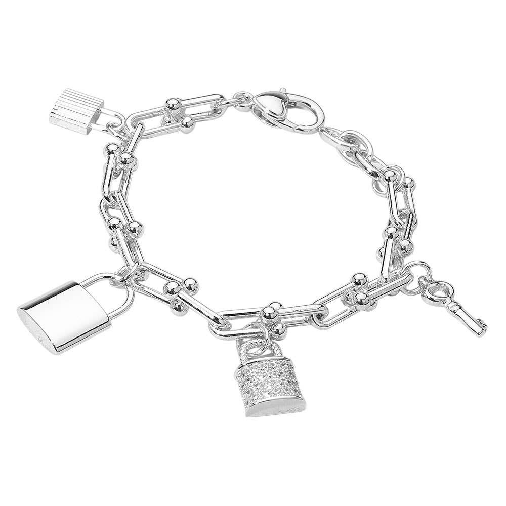 14K Gold Plated Pavé Lock & Key Charm Bracelet