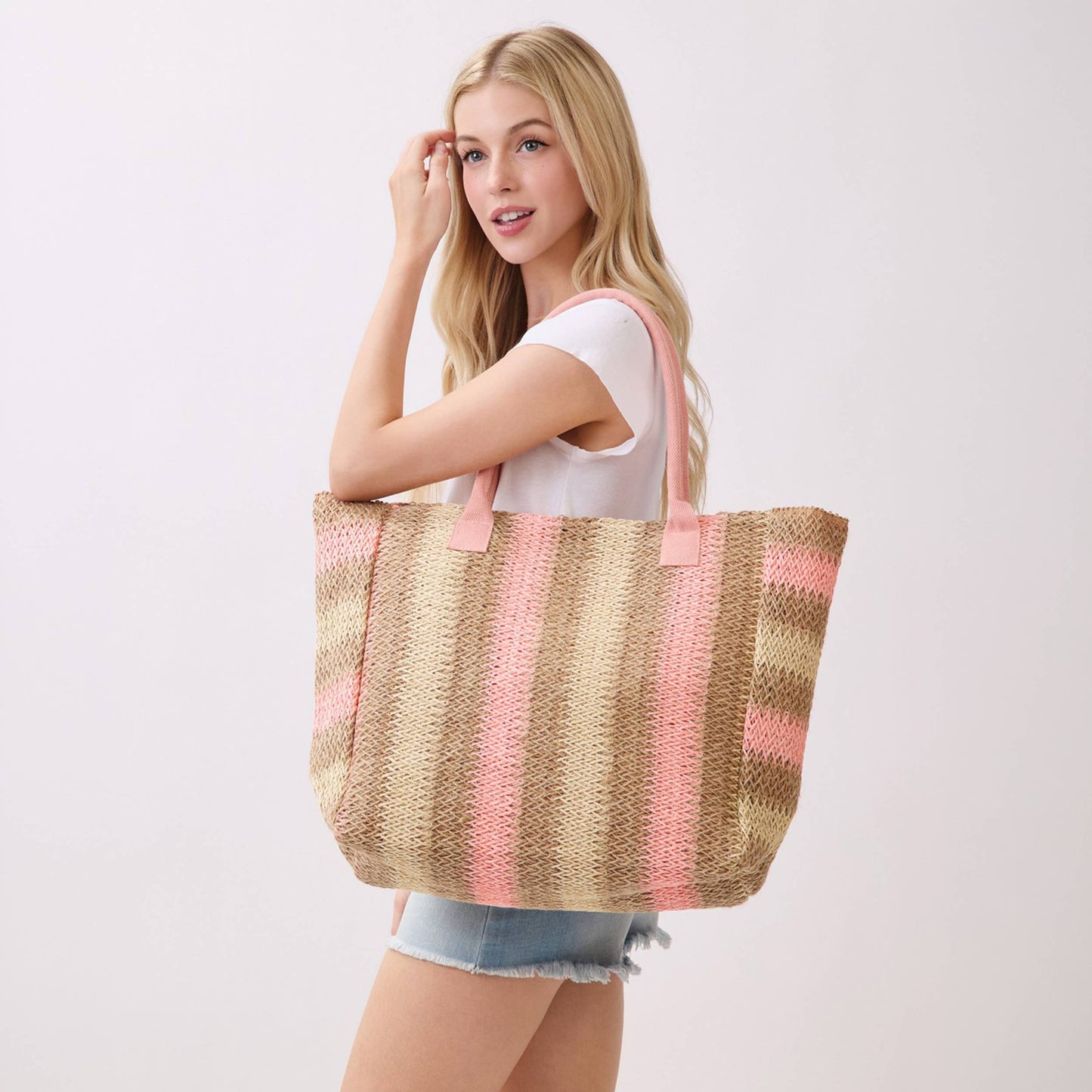 Multi Color Stripe Pattern Natural Brown Straw Tote Bag