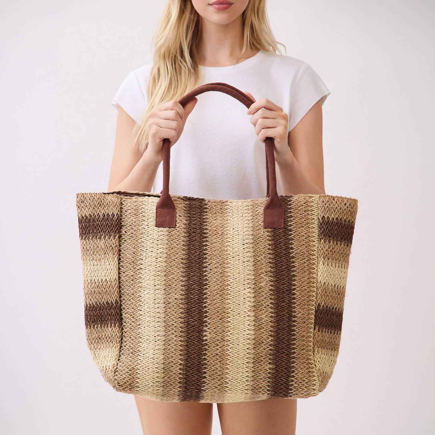 Multi Color Stripe Pattern Natural Brown Straw Tote Bag