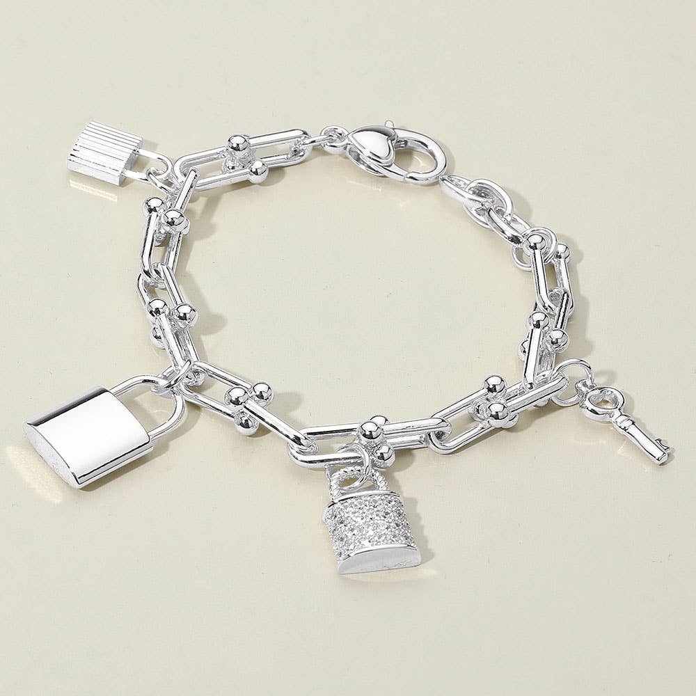 14K Gold Plated Pavé Lock & Key Charm Bracelet