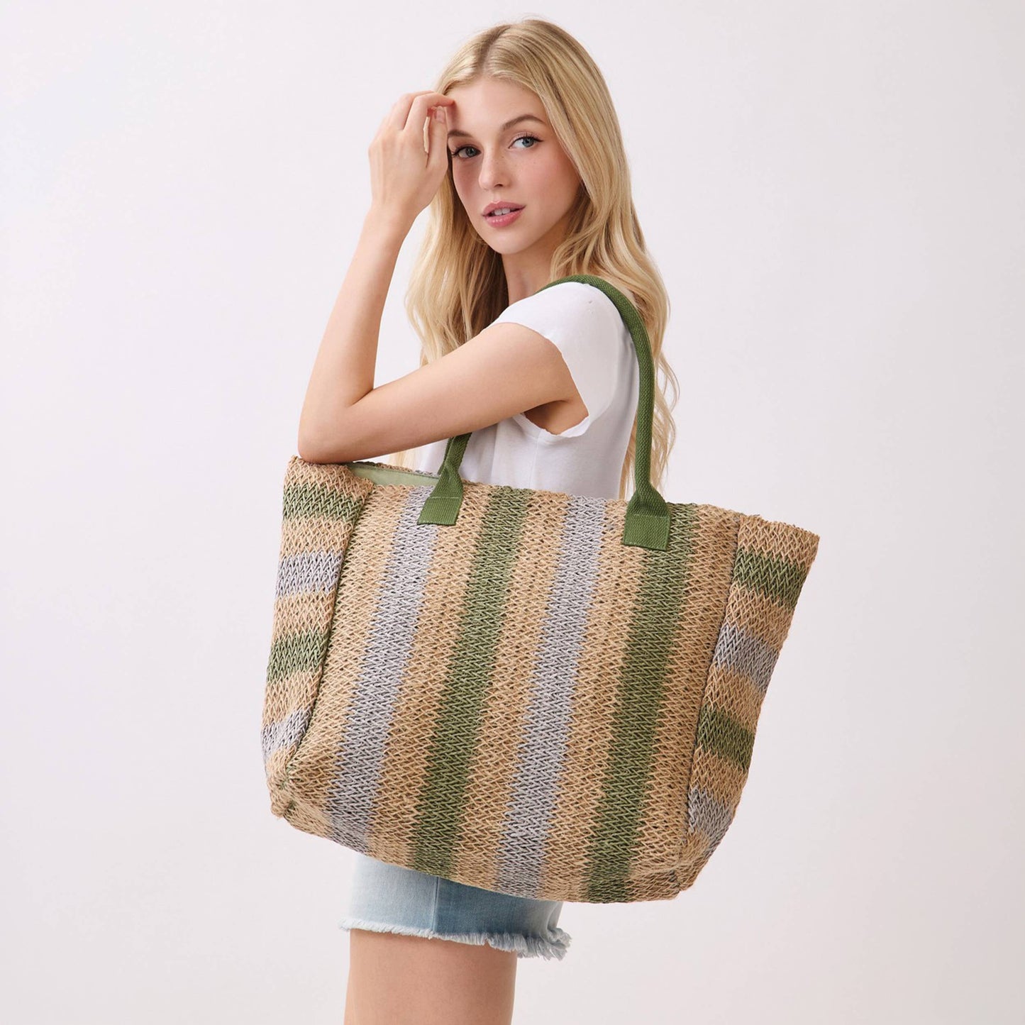 Multi Color Stripe Pattern Natural Brown Straw Tote Bag