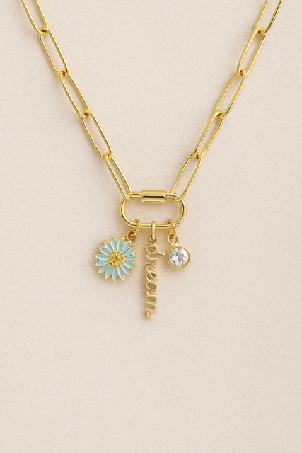 Gold Carabiner Charm Necklace – Blue Daisy, Dream Script & Gemstone Trio